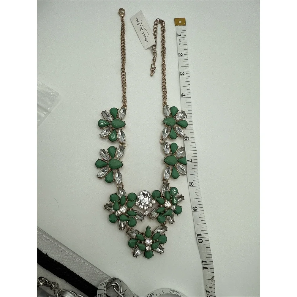 Gorgeous Anna & Ava Gold Tone W/ Green & Clear Rhinestone Necklace  17-20 Inches